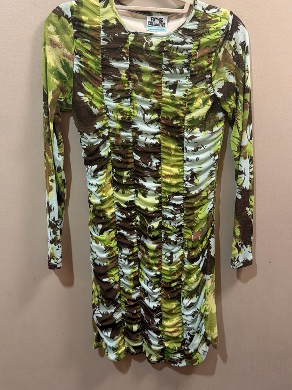 Green Ruched Long-Sleeve Dress